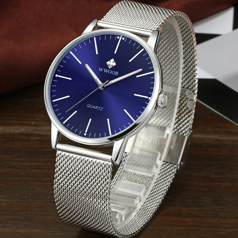 WWOOR Male Hour Blue Watch Men Quartz Wristwatch Mens Thin Analog Clock Stainless Steel Luminous Water Resistant erkek saat 2018