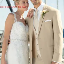 Настраиваемые горячие распродажа, модная обувь смокинг для жениха бежевый Нотч две кнопки спереди заказ Формальные Мужские костюмы(куртка+ брюки+ жилет+ галстук