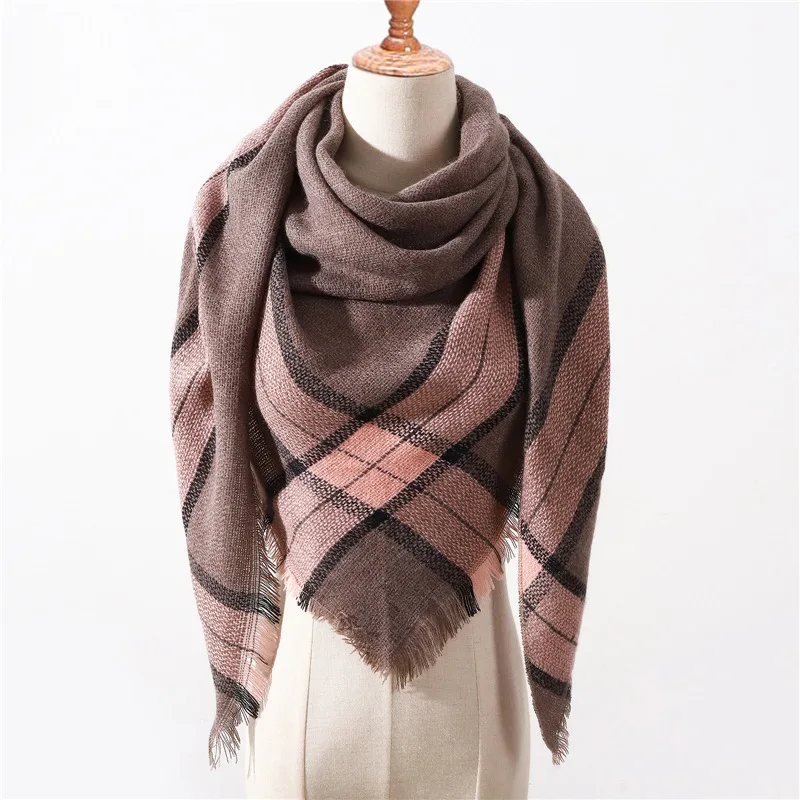 LaMaxPa осенне-зимний теплый клетчатый треугольный шарф из кашемира для женщин/дам, шерстяные Панамы, мягкие полосатые женские шали и палантины - Цвет: 28