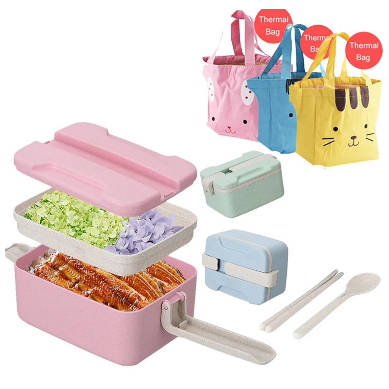 

Fashion Portable Wheat Straw Lunch Box Bento Box Food Storage Container With Dinnerware Set Thermal Bag Microwave Oven Available