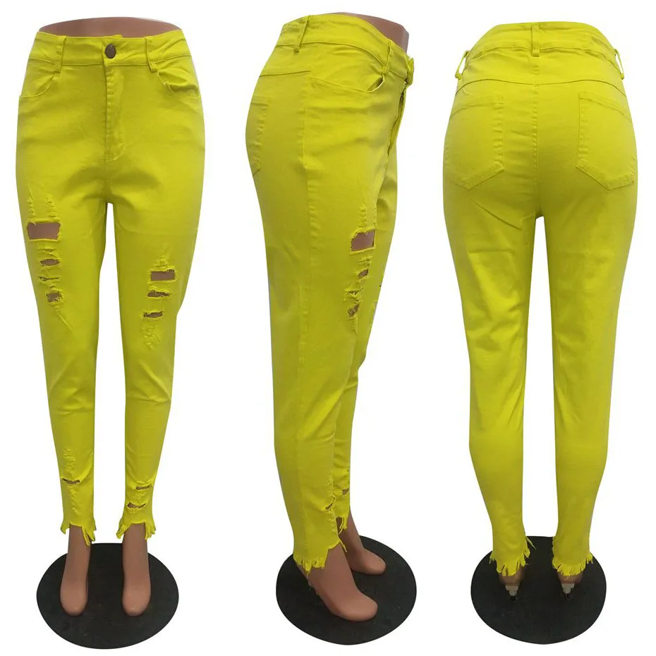 HAOYUAN неон плюс размер брюки с высокой талией женские праздничные стрейч отверстия повседневные джинсовые брюки уличная сексуальные джинсы узкие брюки - Цвет: Цвет: желтый