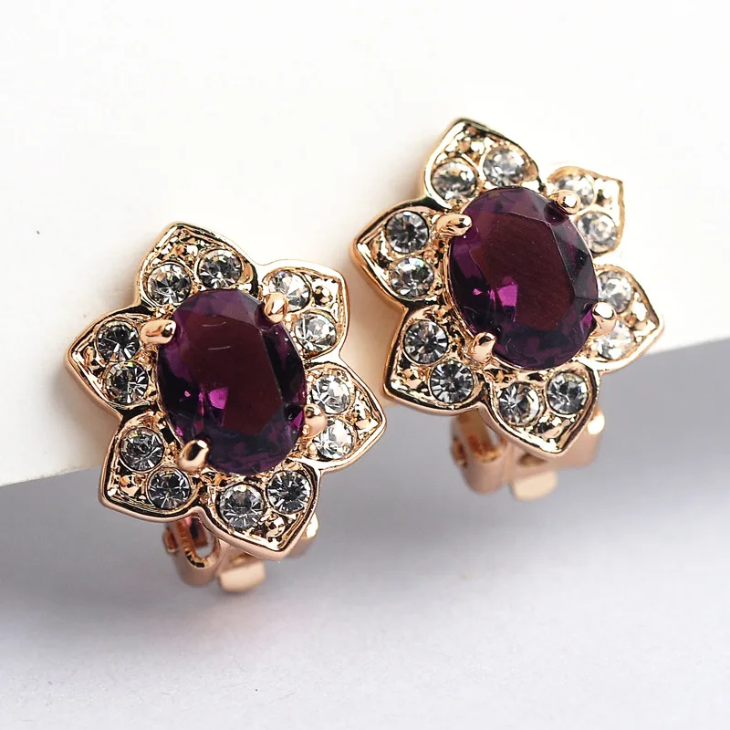 MOONROCY Free Shipping Italina Fashion Zirconia Rose Gold Color Red Blue Purple Green Crystal Earrings Clip Earrings Gift