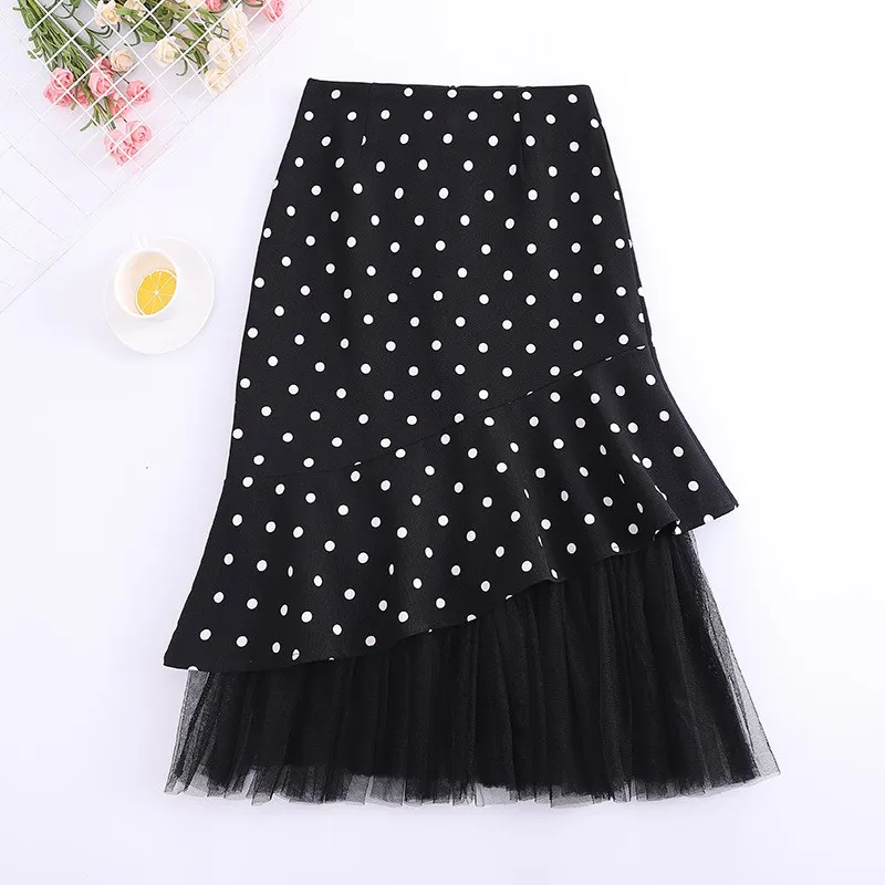 Summer Women Ruffle Fashion Polka Dot Skirt Elegant Skirts Casual Mesh Patchwork Skirts