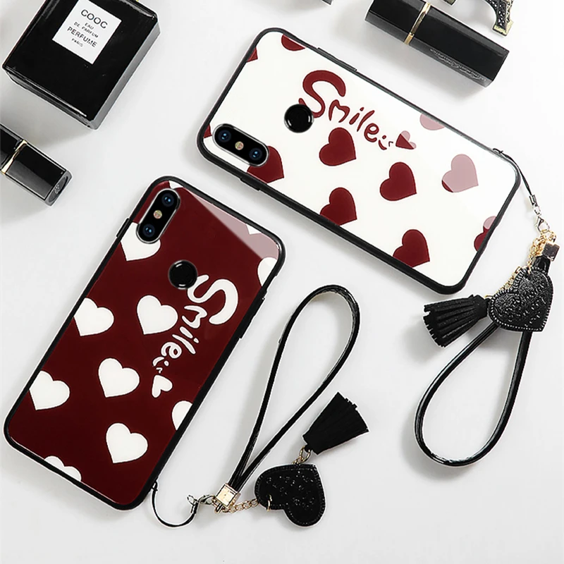 

Case & Strap For Huawei Nova 4 4e 3 3i 3e Case Glass Hard phone Cover For Huawei Nova 2s 2 plus 2i Smile red Love Heart lanyard