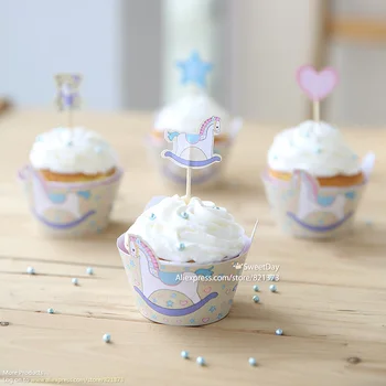 

Free Shipping rocking horse cupcake wrappers toppers baby shower cake picks for kids birthday party decorations favors supplies