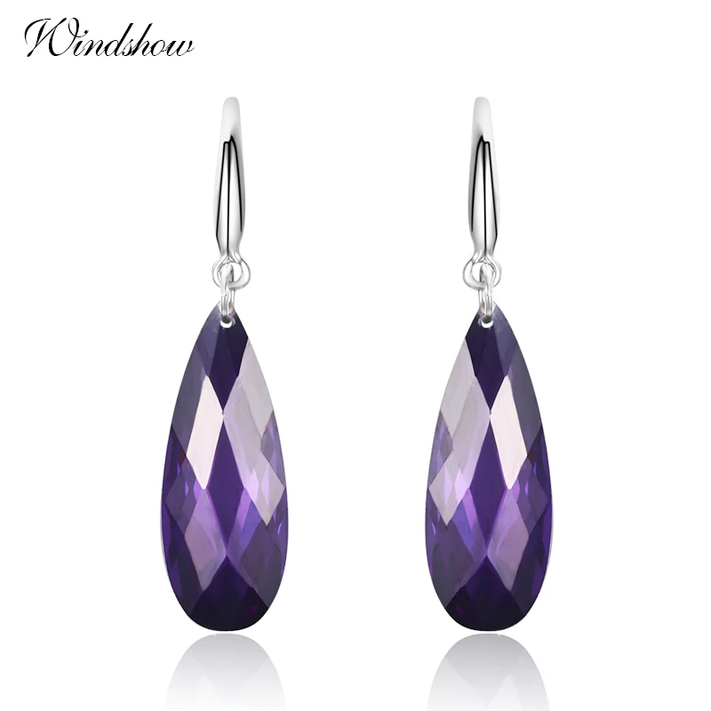

925 Sterling Silver Hook Purple AAA CZ Long Teardrop Dangle Earrings For Women Girls Jewelry Aros pendientes colgantes oorbellen