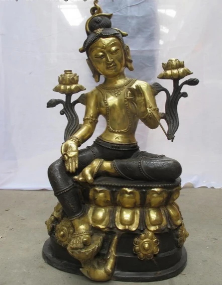 bi001383 30&quotTibet Buddhist Fane Bronze Gild Lotus Green Tara Kwan-Yin Buddha statue | Дом и сад