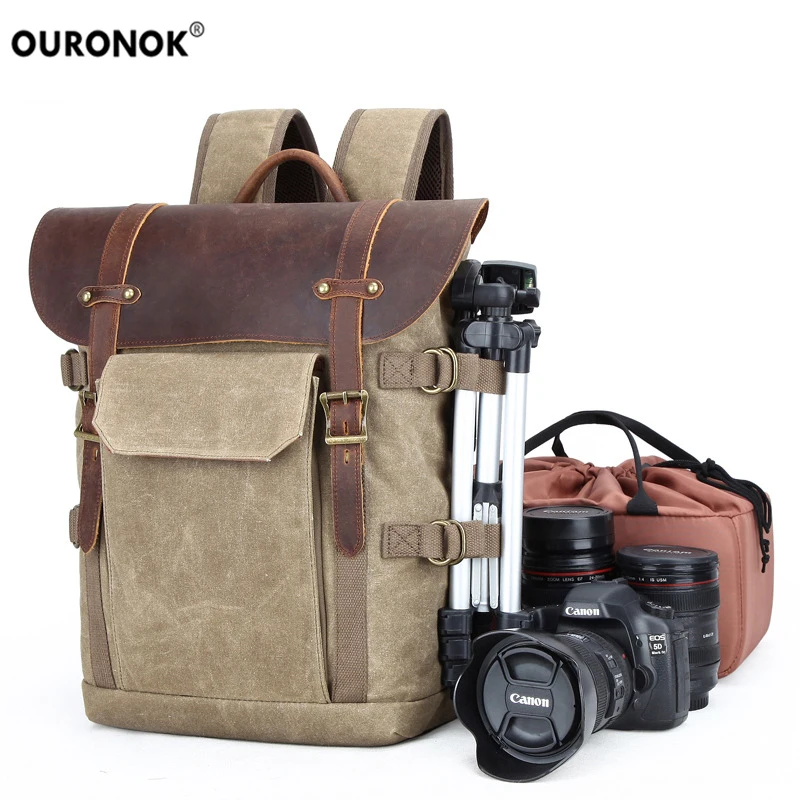 Color : Brown, Size : L Bag Outdoor Leisure DSLR Photograph Waterproof Waxed Canvas Messenger Camera Bag with Vintage Leather Strap