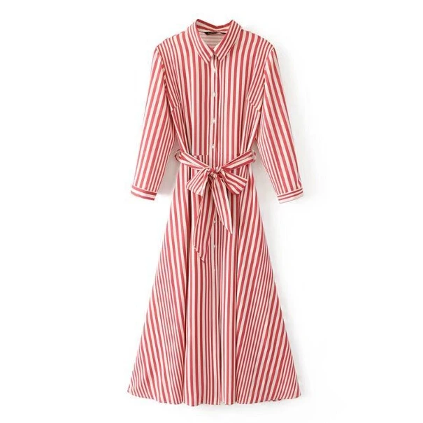 White Striped Long Dress Ladies Lapel 