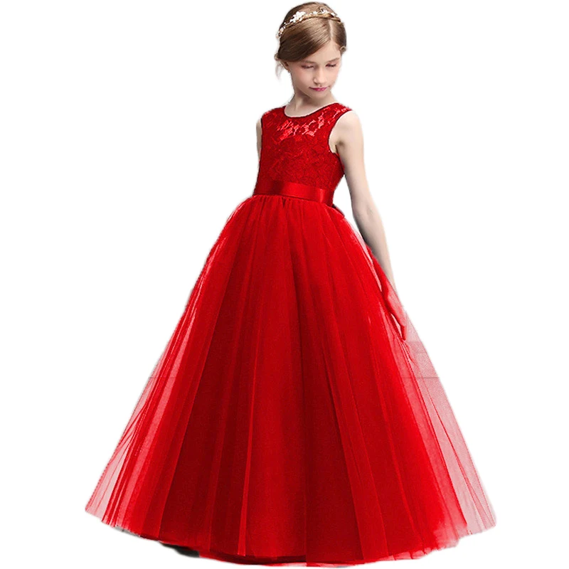 elegant girl sleeveless long dress for evening party children wedding Hollow out lace princess dress bridesmaid festival costume