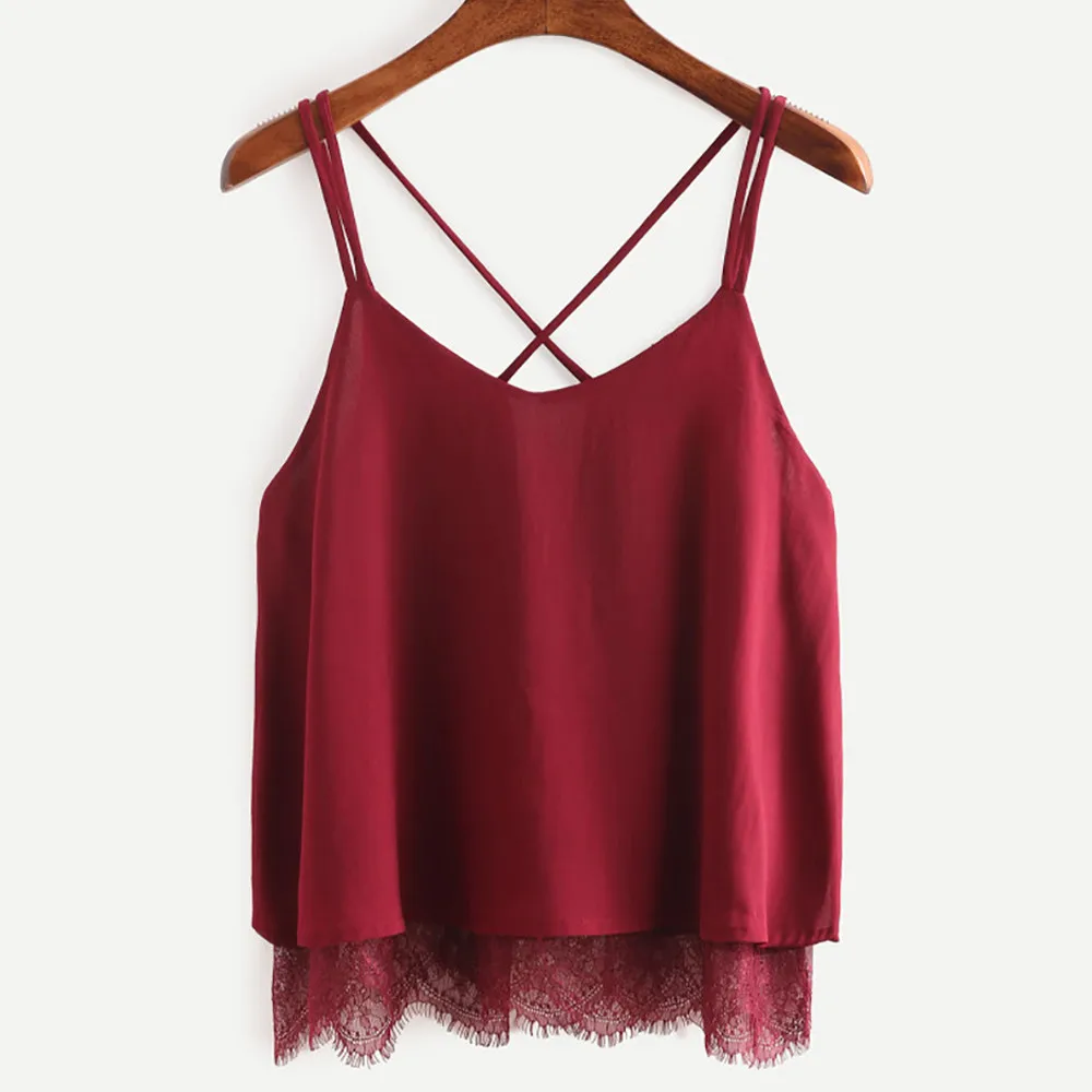 

Crop Top camis Women Chiffon Lace Patchwork O-Neck Sleeveless Vest Tank Shirt Top summer fashion 2019 3.881