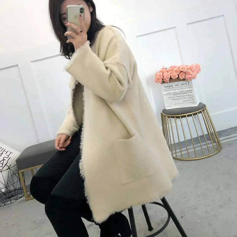 New Fashion Kintted Cardigans Female Solid Long Sleeves V neck Sweater Coat Loose Open Stitch Woman |