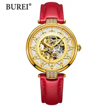 2017 New BUREI Skeleton Movement Rose Golden Dial Sapphire Lens Automatic Watch For Women With Red Leather Strap Wristwatch
