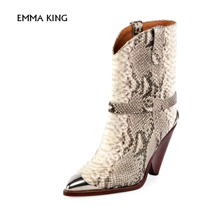 

NEW Fashion Sexy Snakeskin Autumn/Winter Metal Pointed Toe Ankle Boots Party Shoes Woman Plus size 35-43 Free Shipping