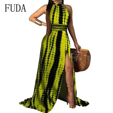 FUDA New Women's Sexy Halter Maxi Dress Tie Dyed Rainbow Print Sleeveless High Slit Dress Summer Elegant Floor-length Dress FUDA New Women's Sexy Halter Maxi Dress Tie Dyed Rainbow Print Sleeveless High Slit Dress Summer Elegant Floor-length Dress