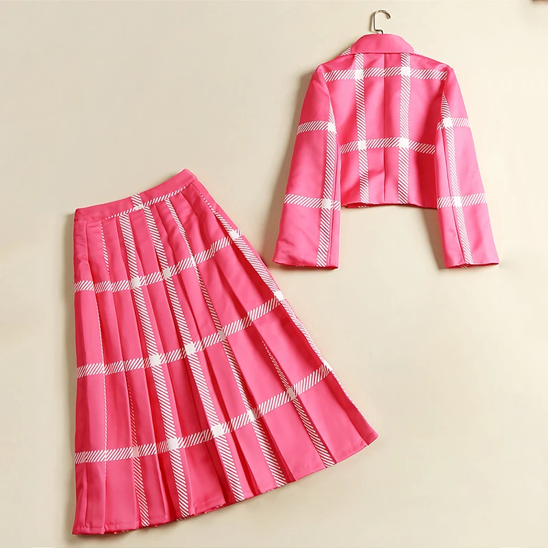 Модная Женская Весенняя подиумная одежда блузка с отложным воротником плиссированная юбка в полоску размера плюс XXXL двойной комплект розовый комплект из 2 предметов