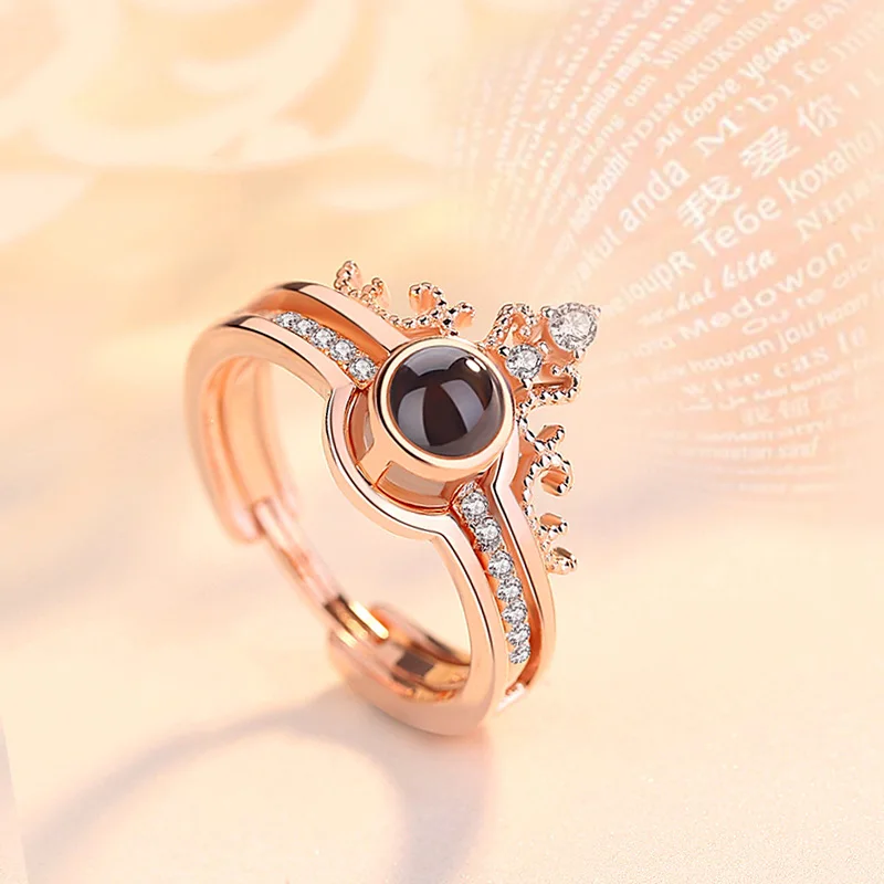 Dropshipping oro rosa y plata 100 idiomas te amo anillo de proyección corona romántica amor memoria anillo de boda joyería|Anillos| - AliExpress