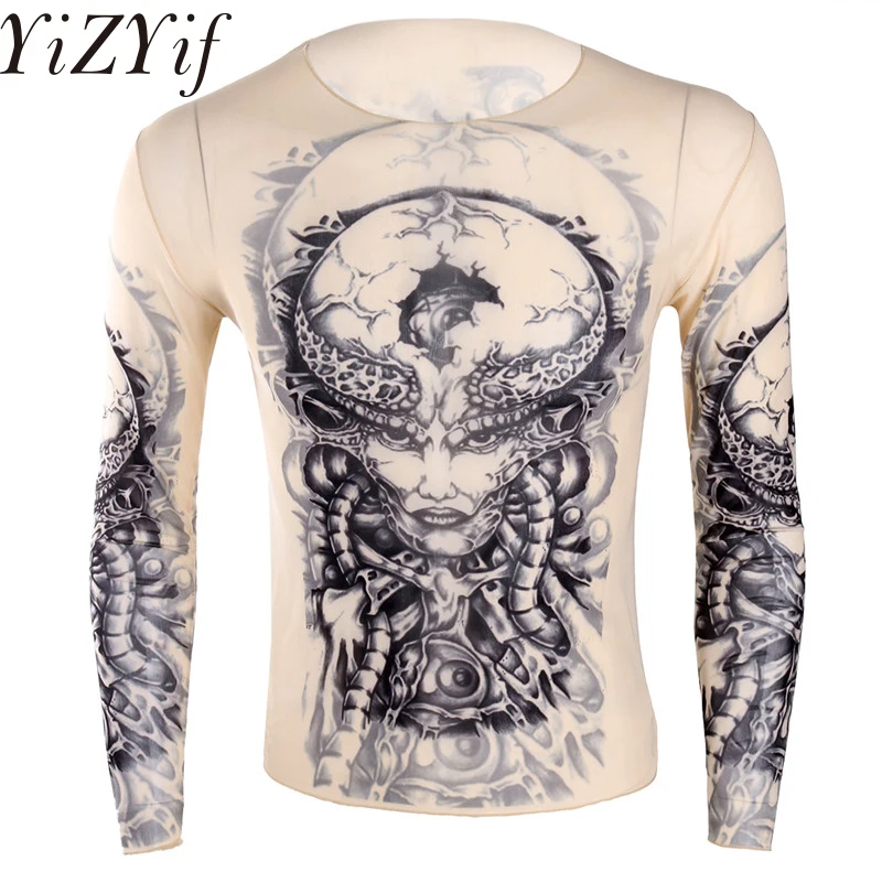 YiZYiF Модные мужские эластичные прозрачные поддельные татуировки дизайн футболка Топ с длинным рукавом o-образным вырезом футболки для мужчин Хэллоуин Вечерние