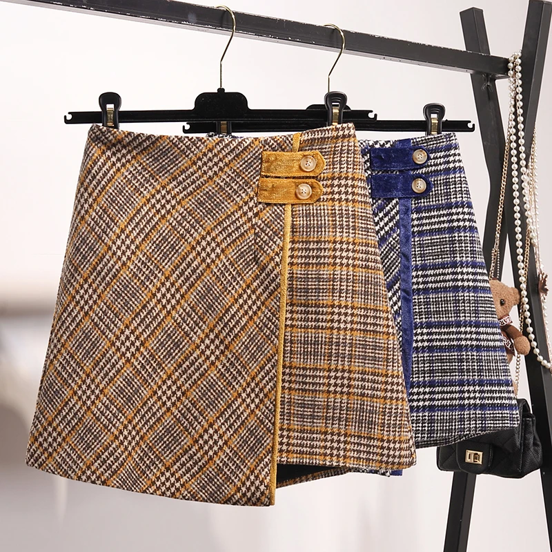 

2019 Faldas Midi Skirt Winter Skirt Asymmetrical Irregular Wool England Style Plaid Button Above Knee Mini Length Empire Waist