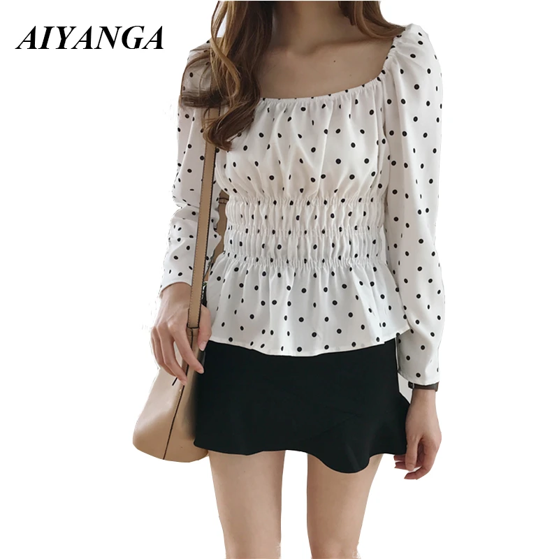 Camisa Vintage gasa con lunares para mujer, blusas sexys de cintura con cuello cuadrado, camisa de manga larga para otoño, Tops recortados 2018| Blusas y camisas| - AliExpress