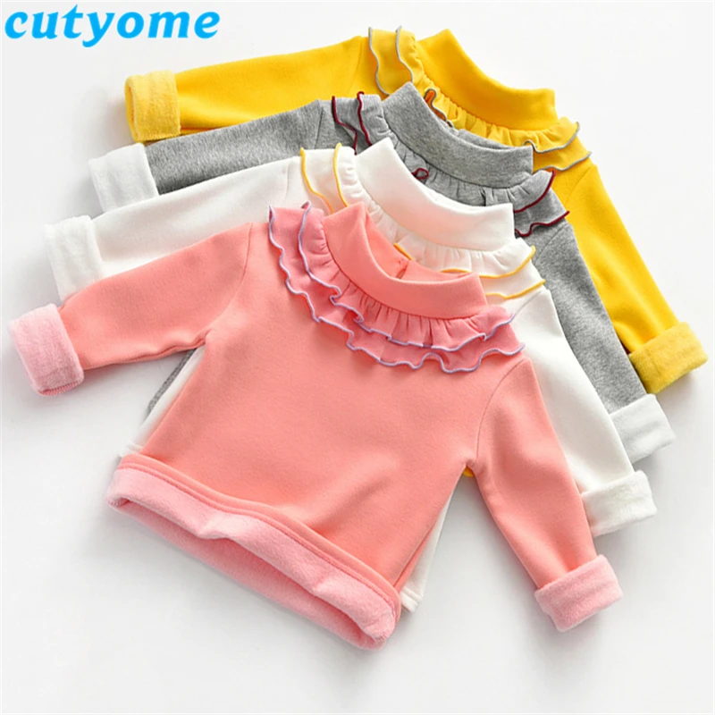 

Cutyome Toddler Kids Winter Warm T Shirts Children Long Sleeve Turtleneck Ruffles Shirts Gilrs Velvet TShirt Tops Bottom Clothes
