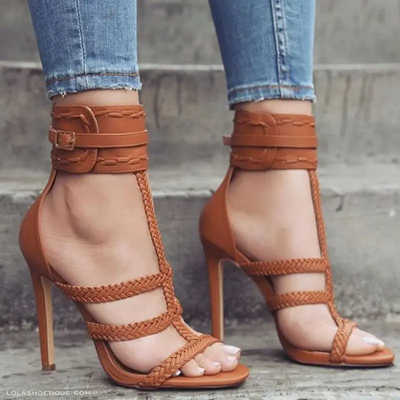 

Woven Rope Fringe Shoes Women Sandals Thin Heel Crossover Strap Weave Zipper Cover Heel Fringe Peep Toe High-heeled Women Shoes