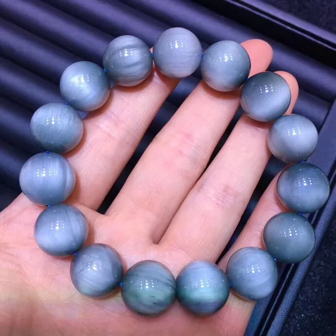 

14.5mm Cat Eye Genuine Natural Blue Rutilated Quartz Crystal Bracelet Brazil Round Beads Gemstone For Woman Lady Gift Bracelets
