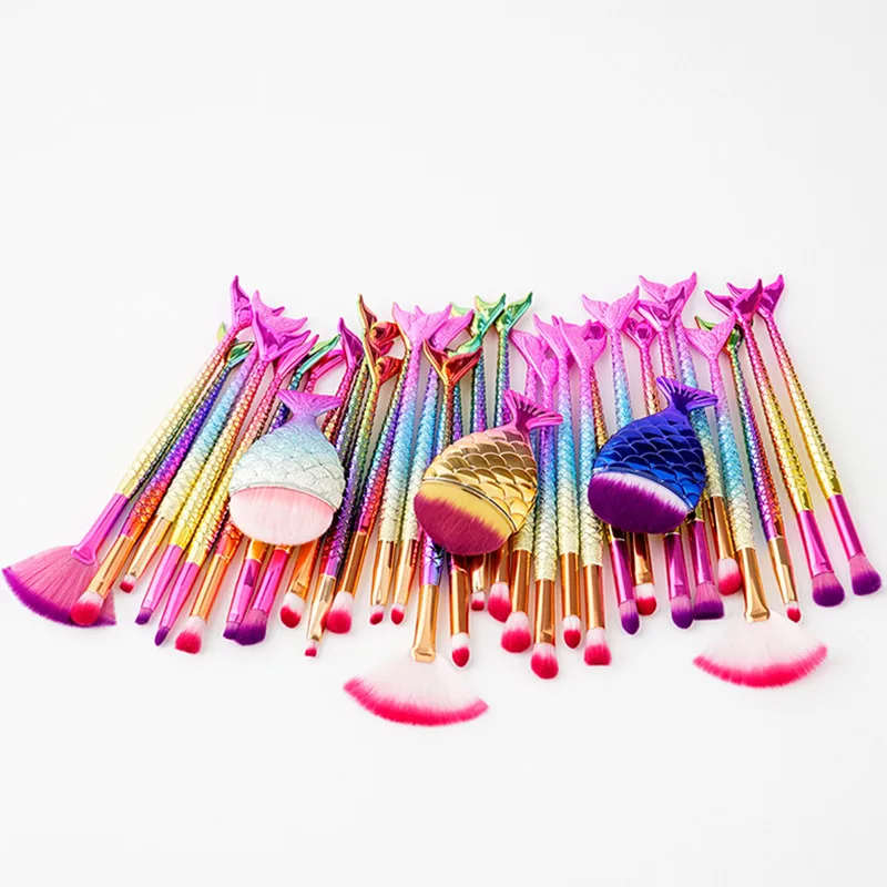 

11Pcs Mermaid Brush Set Beauty Fishtail Eyeshadow Eyebrow Fan Powder Foundation Brush Makeup Kit Blending Colorful Rainbow Brush