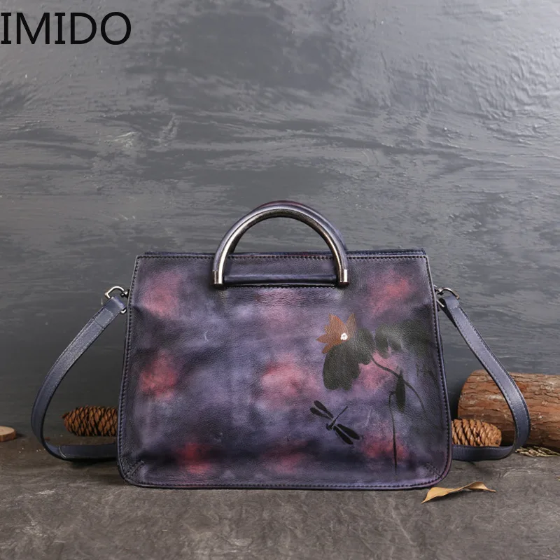 

IMIDO 2019 New Personality Single Shoulder Handbag Female National Wind Lotus Hand Wipe Color Leather Fashion Leisure Travel