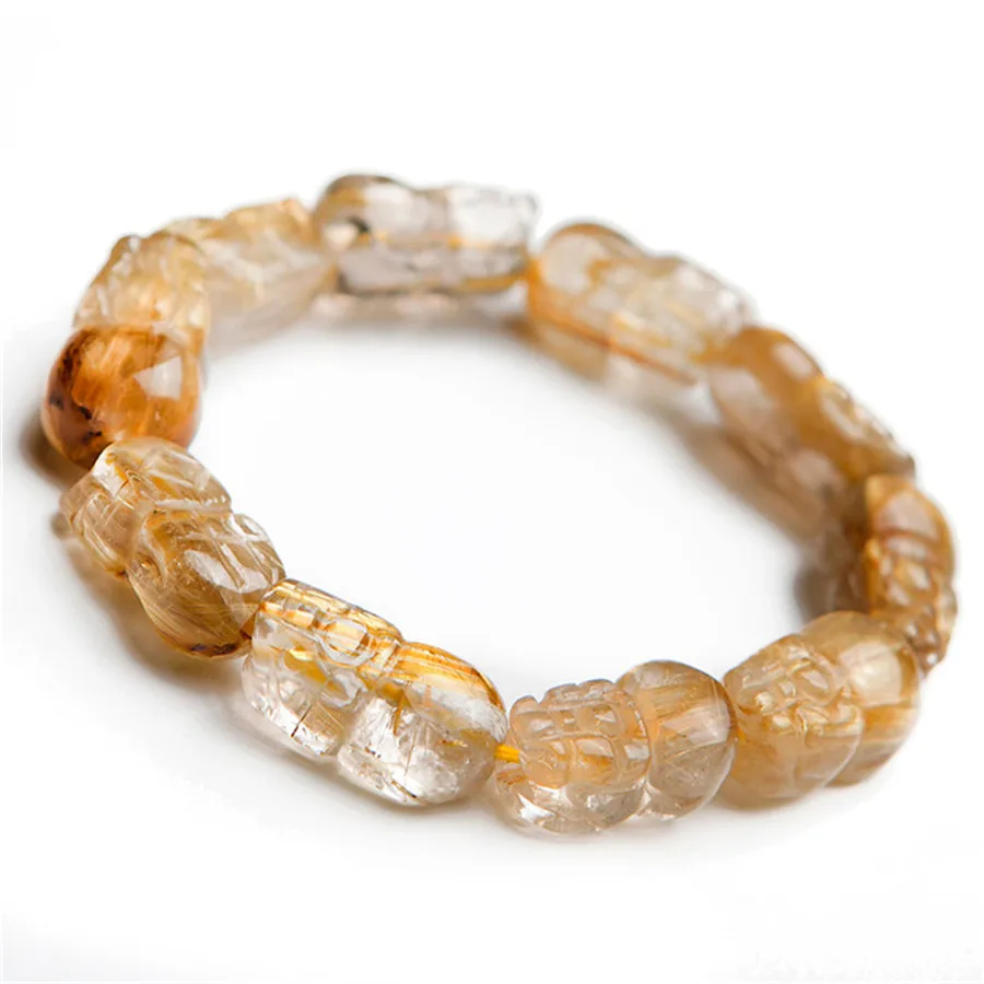 

High Quality Genuine Gold Natural Rutilated Quartz Bracelets Pi Xiu Shape 20x11x8mm Crystal Bead Stretch Power Bracelet AAAAAA