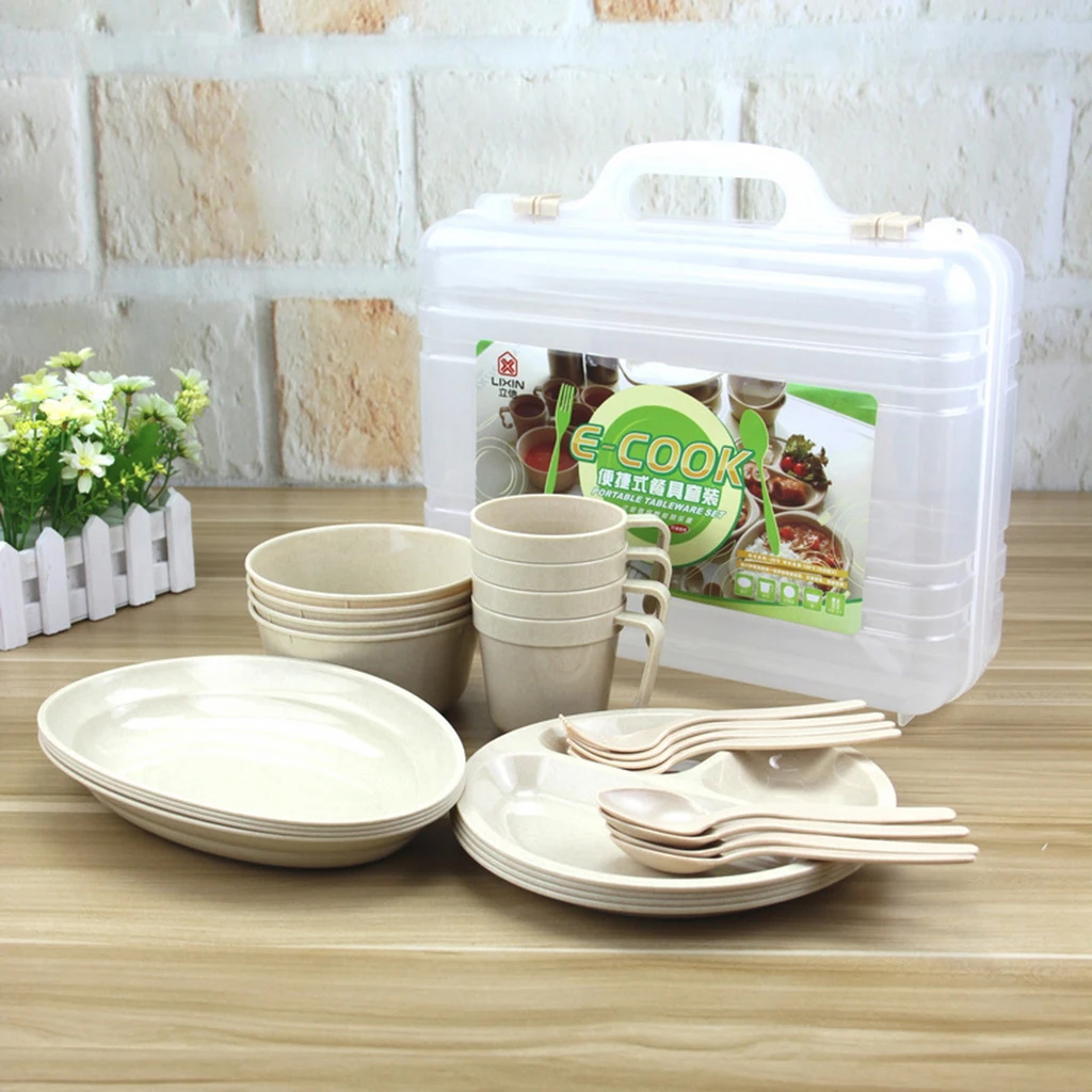 

24pcs Food Grade PP Reusable Picnic Camping Tableware Set with Case Mugs Soup Bowls Spoons Plates Camping BBQ Cooking Supplies