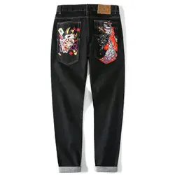 2019 джинсы мужские свободные прямые весенние Стильные длинные брюки в китайском стиле модные джинсы с вышивкой мужские