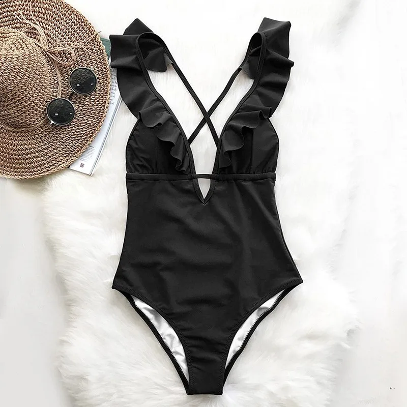 Bikini Sexy Traje De Verano Vestido Push Up Con Cuello En V Volante De Color s�lido Bikini De Una Pieza