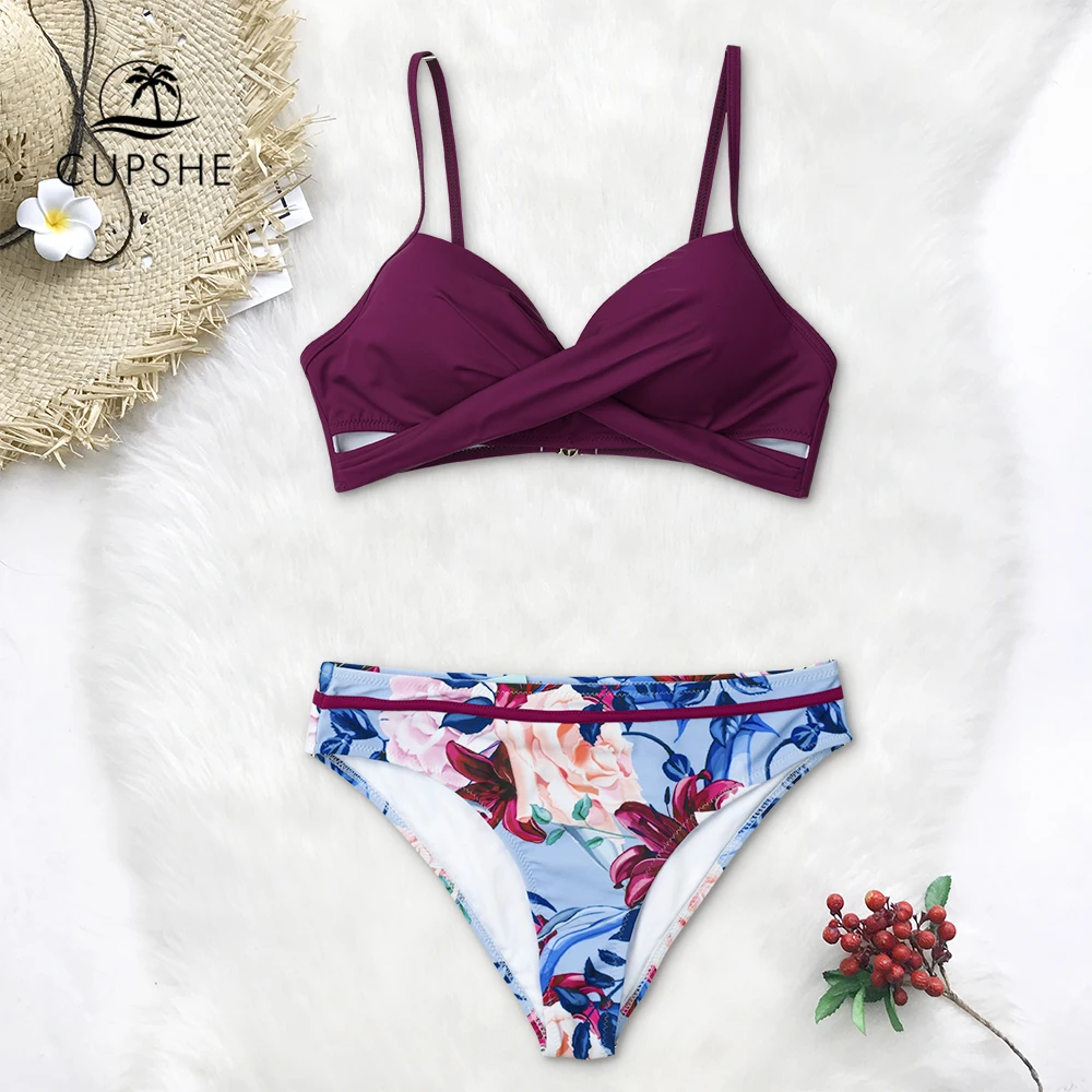Preise CUPSHE Push Up Blumen Wrap Bikini Sets Frauen Sexy Tanga Zwei Stück Badeanzüge 2020 Mädchen Strand Badeanzüge Bademode