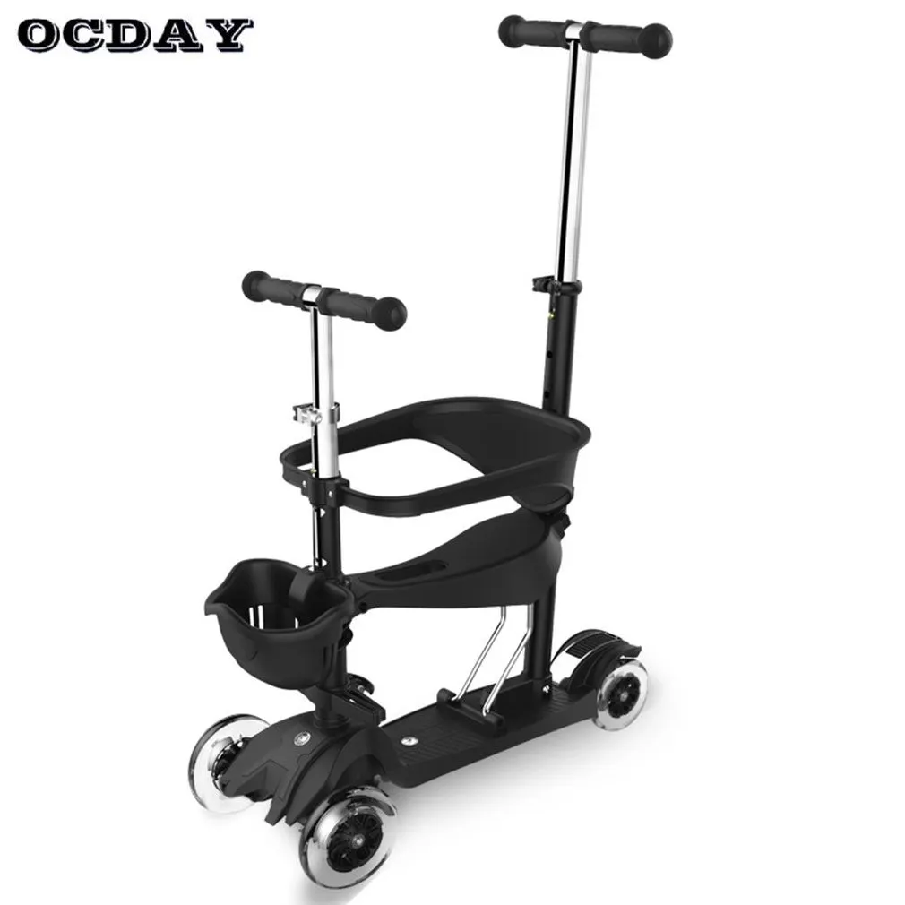 

OCDAY 3 in 1 Children ScooterKids Walkers 4 Wheels Skateboard Kick Scooters Full Guardrail Adjustable T-bar Handle Baby Walker