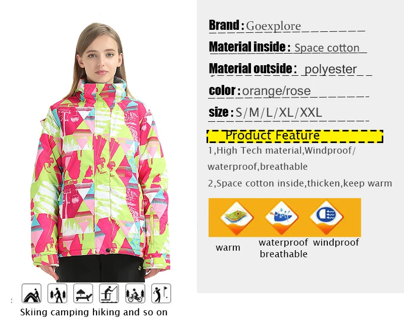 Goexplore ORE/лыжная куртка для девочек; Женская куртка для сноуборда; Водонепроницаемая Теплая Лыжная куртка; зимняя спортивная одежда для активного отдыха