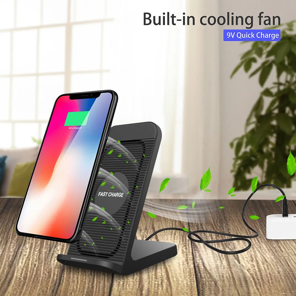 FDGAO быстрое Qi Беспроводное зарядное устройство Quick Charge 3,0 USB 10 Вт Быстрая зарядка подставка с охлаждающим вентилятором для iPhone XR XS X 8 samsung S10 S9