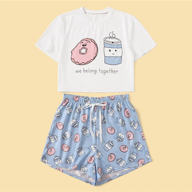 ROMWE, Женский пижамный комплект с рисунком и буквенным принтом, милые футболки с коротким рукавом, шорты с эластичной резинкой на талии, летняя одежда для сна, пижамный комплект