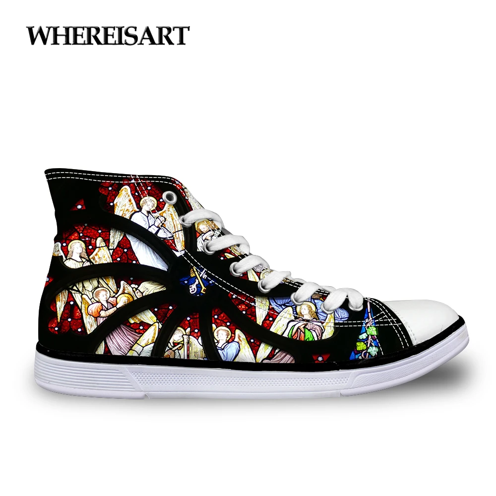 

WHEREISART Shoes Woman Oil Painting Print 2019 Spring Sneakers Girls Student Outdoor Footwear Casual High Top Canvas Vulcanized