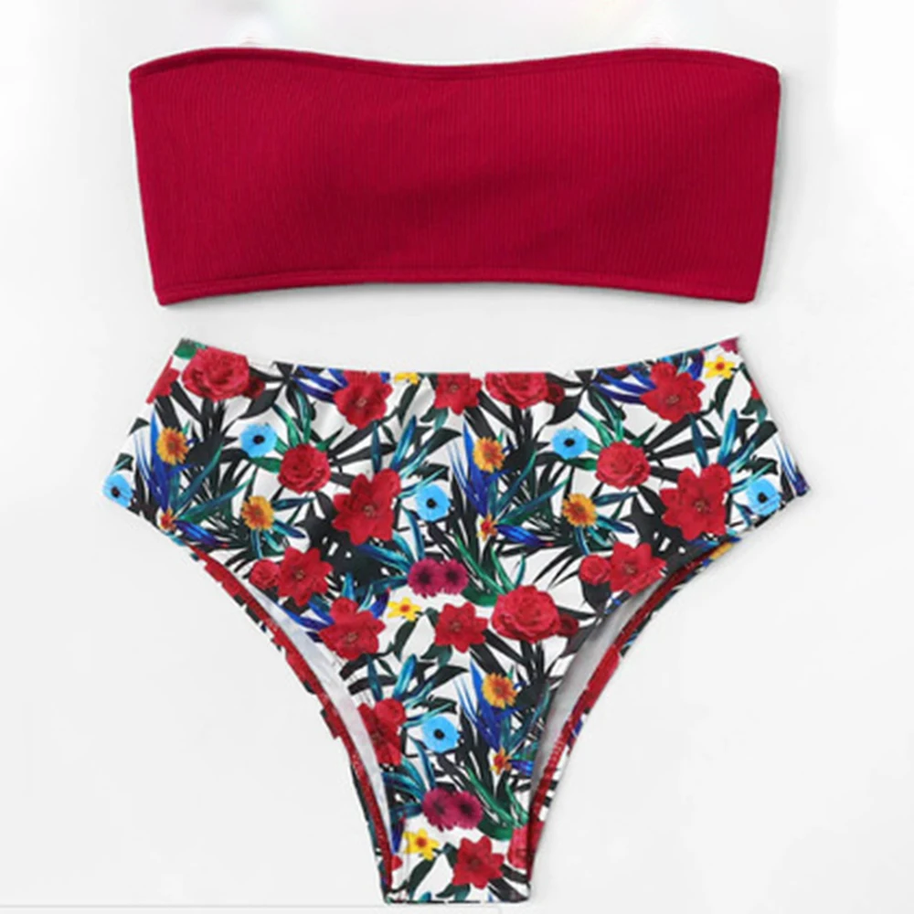 

2019 Bandage Bikini Set Ribbed High Cut Swimsuit Strapless Wire Free Bathing Suit Swimwear Bandeau Bikini Set Femme Beachwear