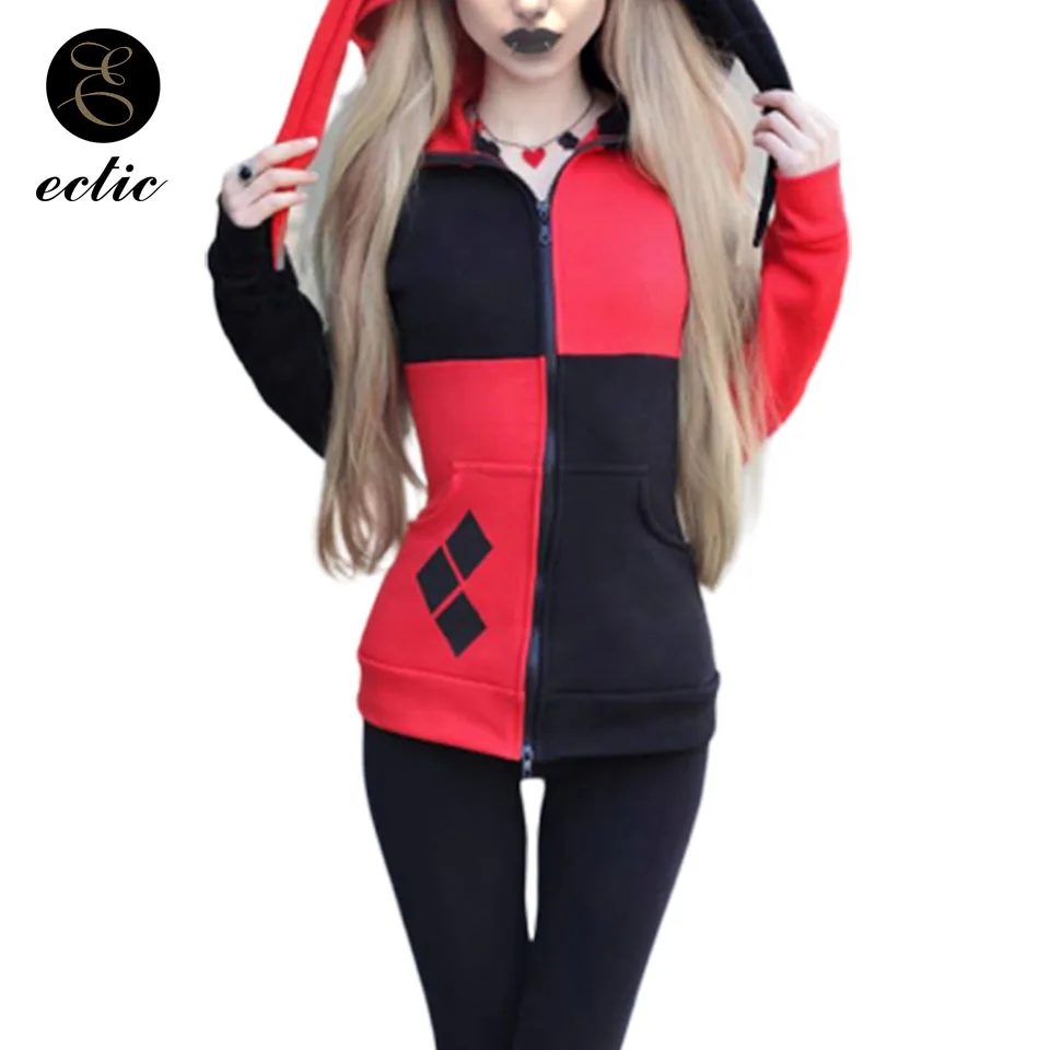 

Zip Up Contrast Color Drawstring Hoodie Poleron Mujer 2019 Dark Gothic Clown Sweatshirt Zipper Black Red Spliced Hoodie Women