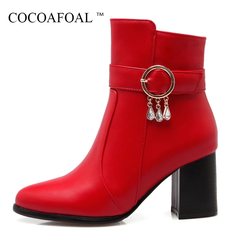 

COCOAFOAL Woman Metal Decoration Martin Boots Black White Red Crystal Ankle Boots Winter Fashion Sexy Chelsea High Heeled Boots