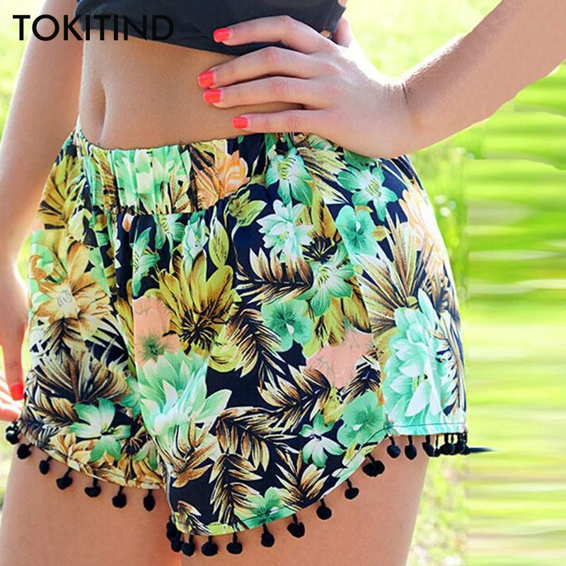 Шорты TOKITIND женские с помпоном и цветочным принтом пляжные свободные короткие