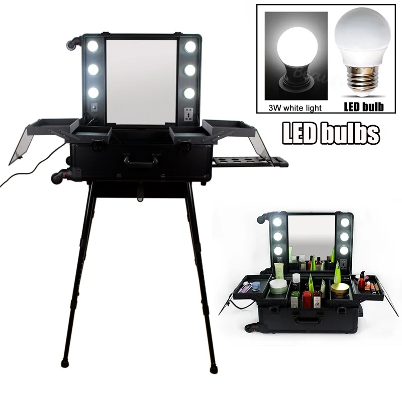 Fashionable Aluminum makeup studio with lights, mirror, trolley, stands, rolling cosmetic case