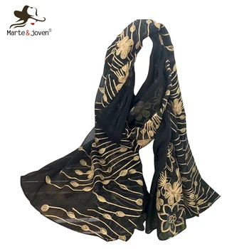 

Marte&Joven Fashion Floral Gold Embroidery Soft Chiffon Hijab Scarf Elegant Women Ultra Thin Spring/Autumn Blue Shawls and Wraps