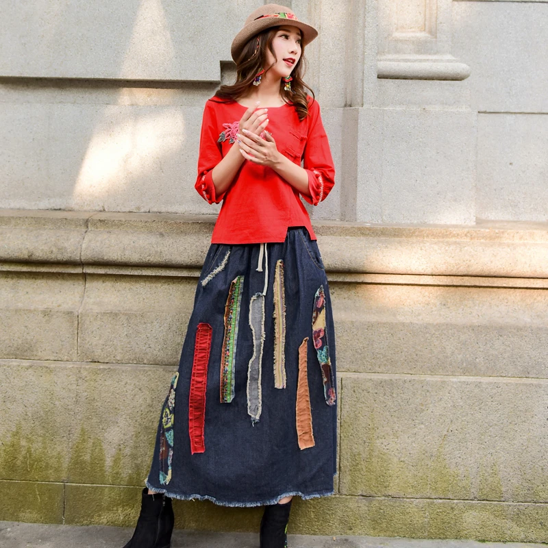 Buy Indie Folk Denim Skirt Applique Striped A Line With Pockets Denim Spring