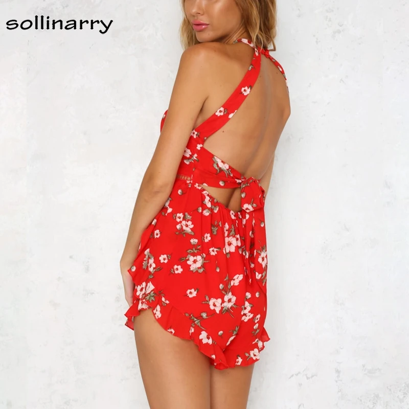 Sollinarry Sexy Summer Beach Boho Playsuit Cold Shoulder Red Halter Floral Playsuit Hollow Out Party Short Jumpsuits Rompers