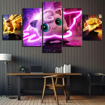 

5 Piece Pocket Monster Jigglypuff Cartoon Pictures Wall Sticker Pokemon Detective Pikachu Movie Poster Canvas Paintings for Wall