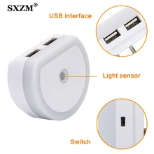 Mini led night light EU US light sensor Switch on/off with 2USB Charging port AC 110-240V Novelty lamp Bedroom