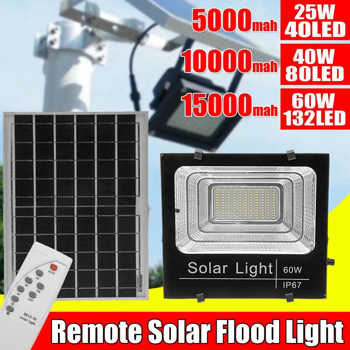 

56/72/88 LED Waterproof Solar Powered Sensor LED Flood Light 25W/40W/60W Security Spotlight Solar Floodlight with Remote Control